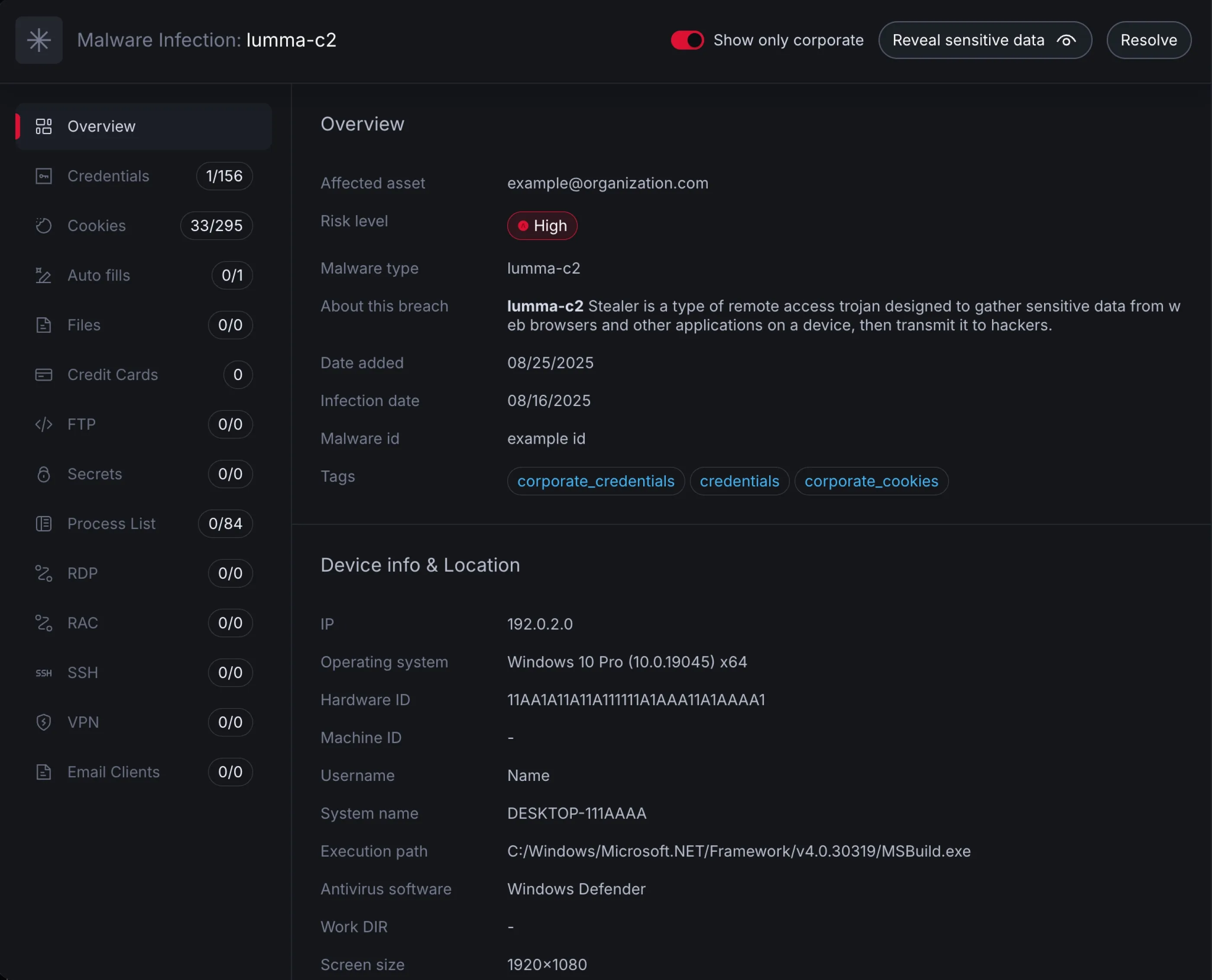 An image with exposed data from a malware infection in NordStellar's dashboard