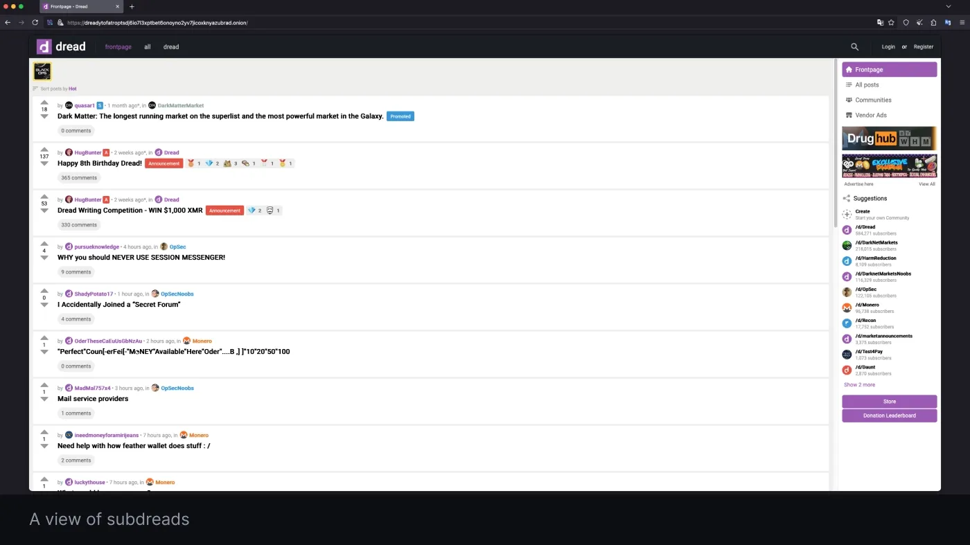 A view of subdreads in Dread forum, the dark web's Reddit