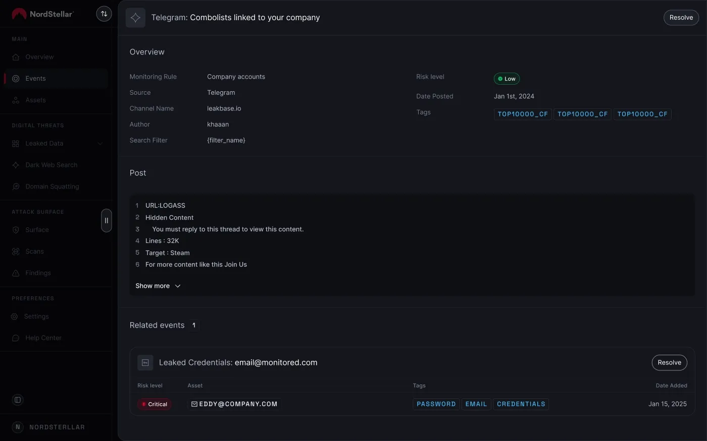 An Image showing a combolist file for sale on Telegram