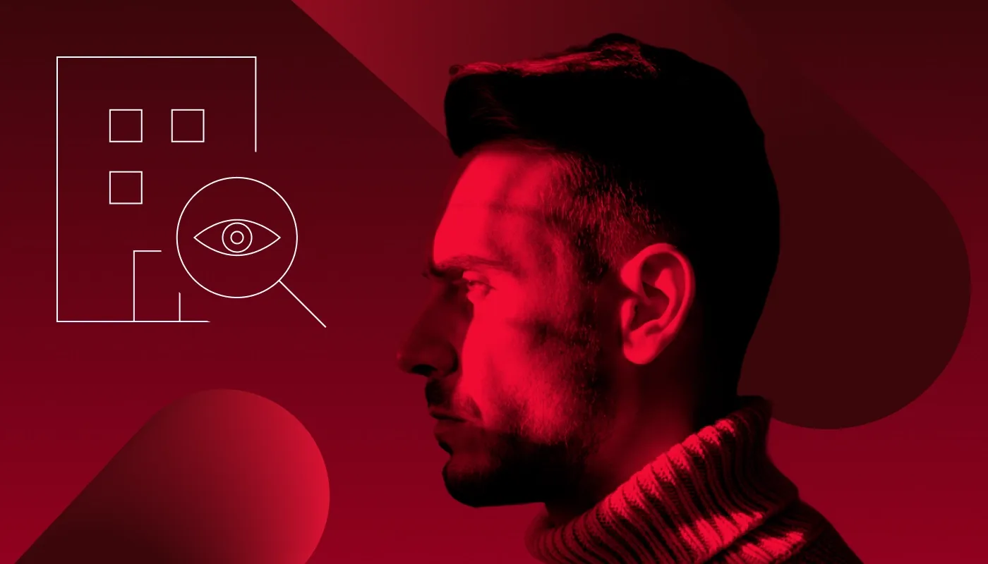 A blog cover showing a man on a red background and a business surveillance icon.