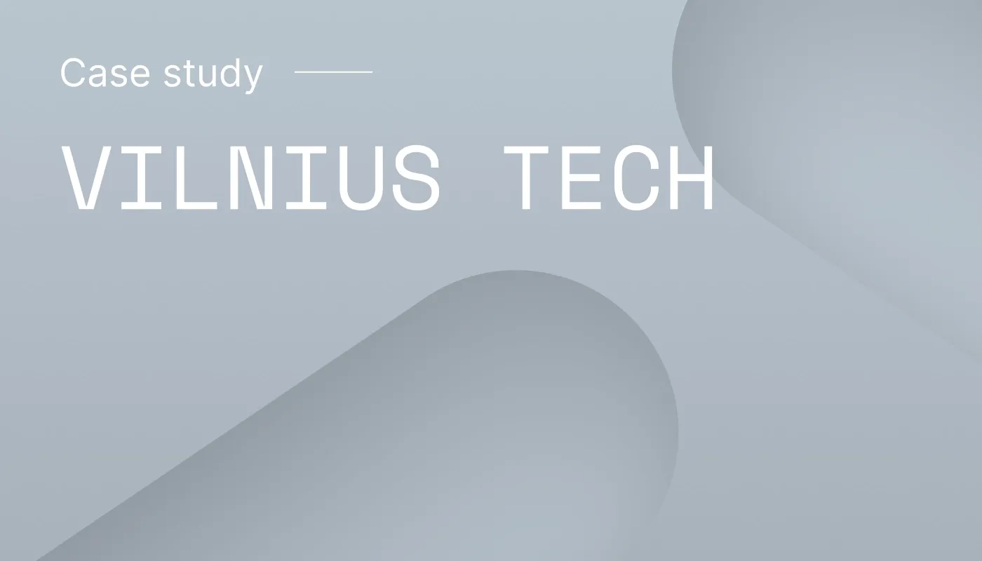 A blog cover for a "Vilnius Tech" case study, with white text on a dark abstract background.