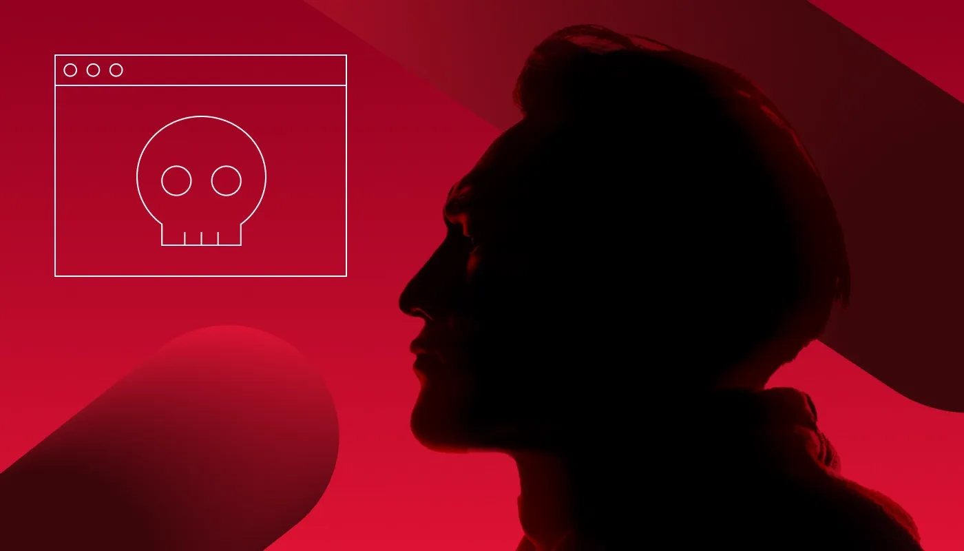 A person's silhouette against a menacing red background, with a browser window icon containing a skull, symbolizing the risks and anonymity of using dark web browsers.