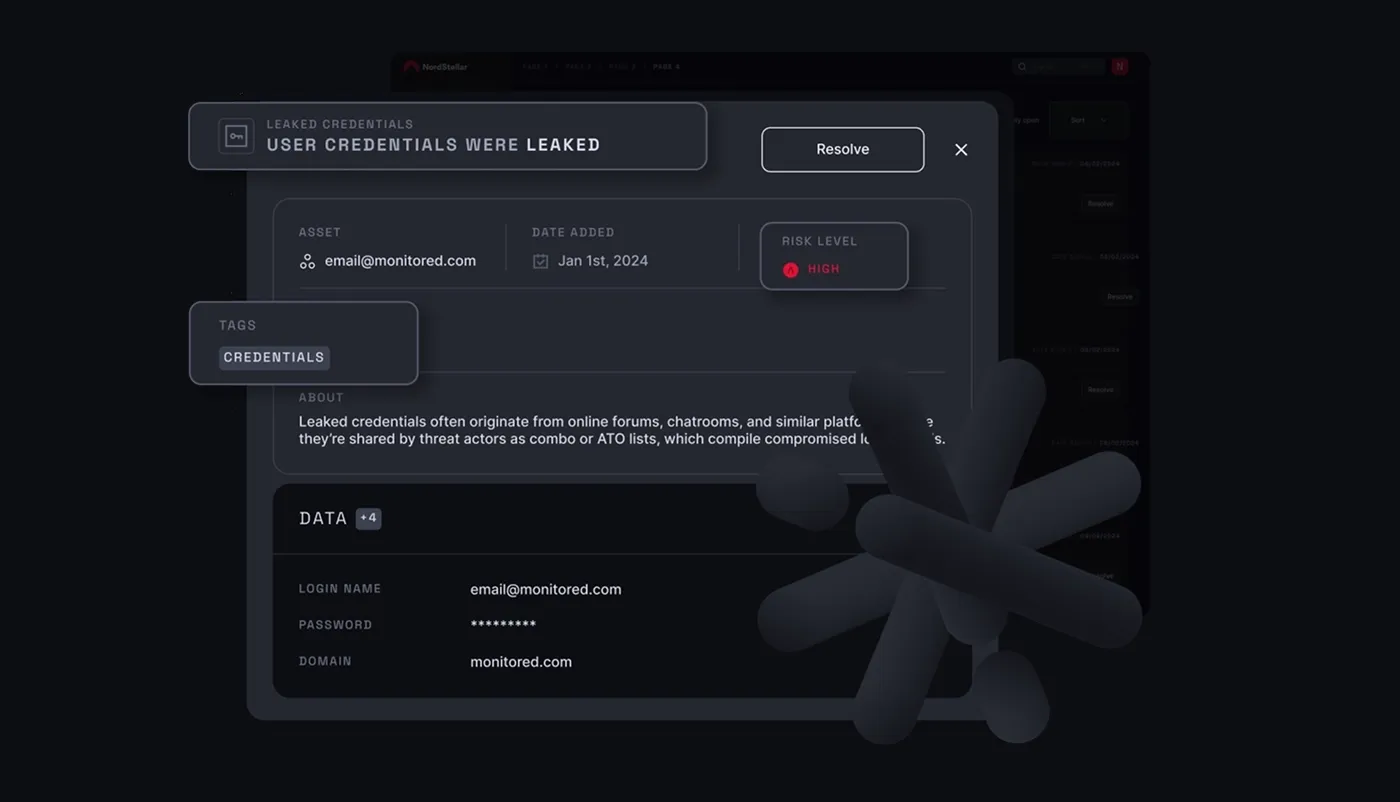 A view from NordStellar's dashboard showing leaked credentials