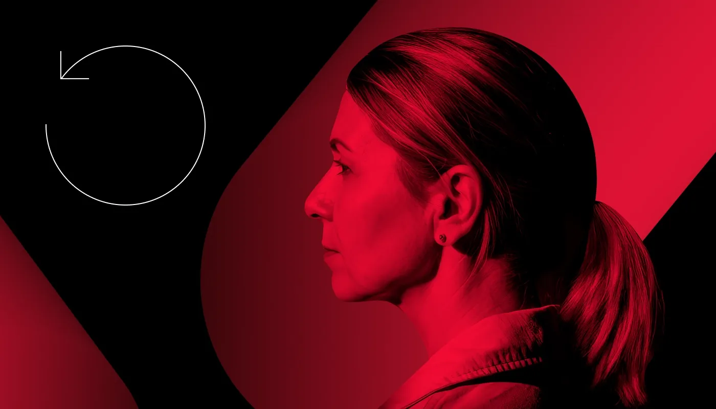 A side profile of a woman with her hair in a ponytail, looking to the left, the image is a gradient from red on the right to black on the left, with a circular arrow icon.
